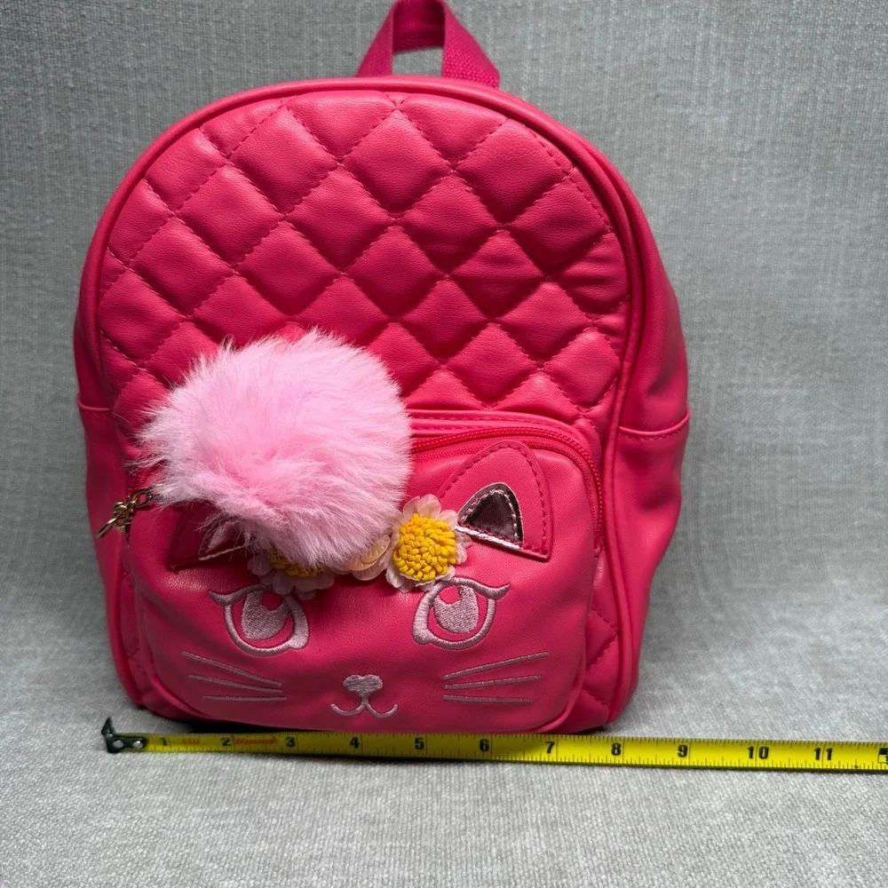 Pink Cat Mini Backpack Quilted Faux Leather Pom Pom Flower Crown Kids School Bag